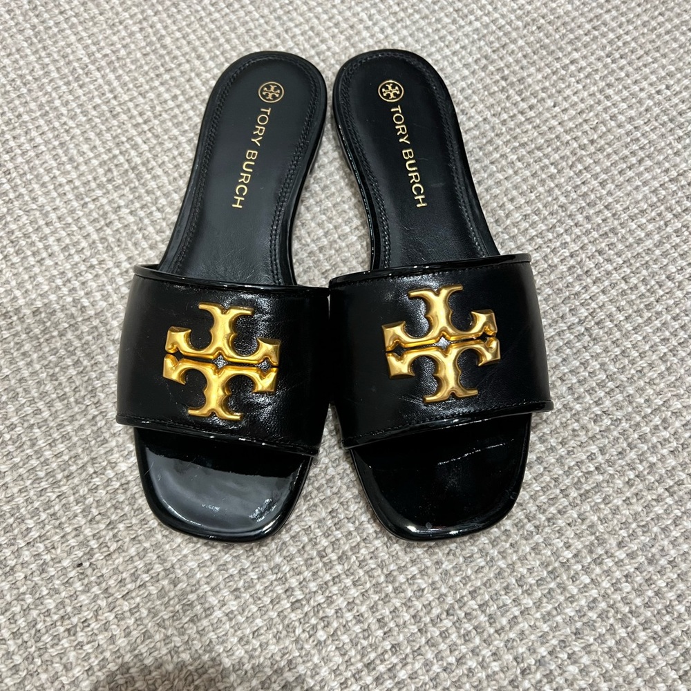 Tory Burch Black Patent Leather Slide Sandals with Gold Logo